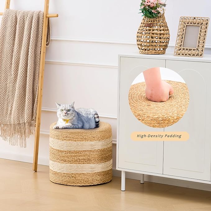 Handwoven Ottoman Pouf, Natural Water Hyacinth Footstool, Round Braided Outdoor Seat with Sturdy Frame, Boho Accent Stool for Patio, Balcony, or Garden (White)