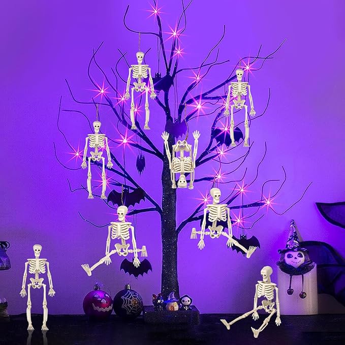 24 Pcs mini skeleton halloween decoration With hemp rope,6”small plastic posable halloween tiny skeleton figurines decor for Halloween Indoor Outdoor Graveyard Decor Haunted House Party Favors