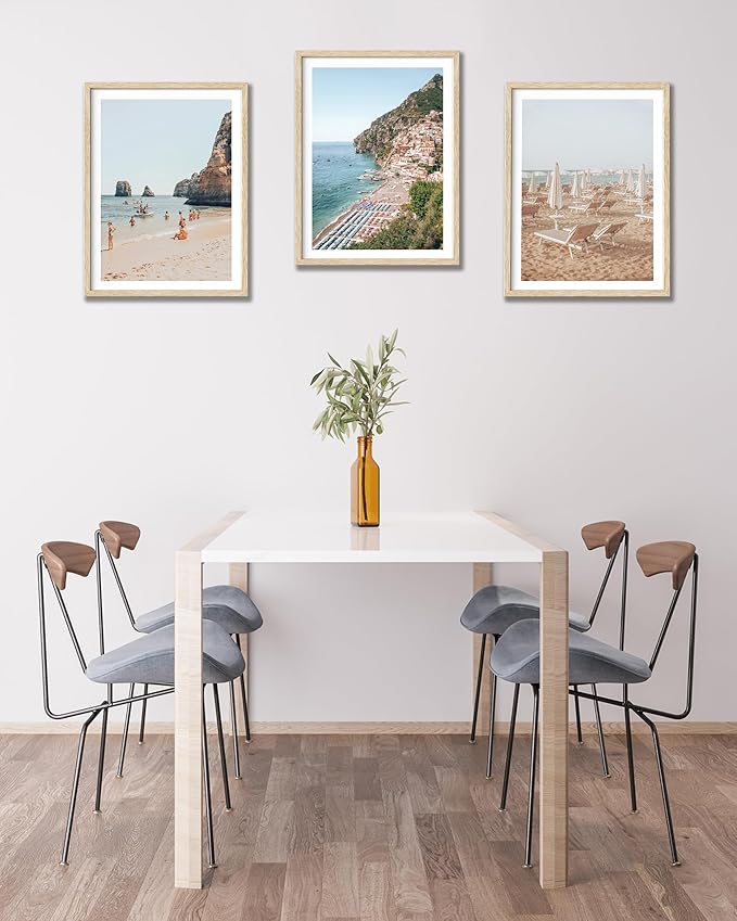 HesenDot Natural OAK Wood Framed Italian Positano Beach Wall Art,12x16in Amalfi Coast Canvas Wall Print,Summer Coastal Landscape Poster Wall Decor for Living Room,Bedroom,Office Gallery Set of 1