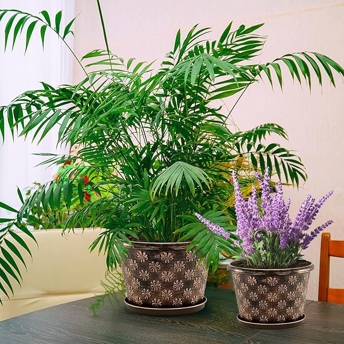 12 Inch Planter Pots for Plants, Plastic Large Flower Pots Indoor Outdoor, 4 Pack Resin Plant Pot with Drainage & Saucer, Retro Decorative Garden Pot with Removable Trays for House