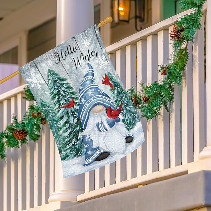 Heyfibro Hello Winter Gnome Garden Flag 28x40 Double Sided Burlap Cardinals Snowflakes Snow Yard Banner for Christmas Seasonal Outside Outdoor House Decoration (ONLY FLAG)