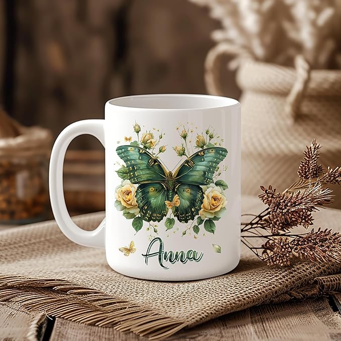 Hyturtle Personalized Floral Butterfly Mug - Butterfly Gifts For Women Lovers - Animal Gift For Bird Lover Her - Bird Gifts For Mom on Mother Day - Custom Name Coffee Cup Ceramic Mug 11 Oz 15 Oz