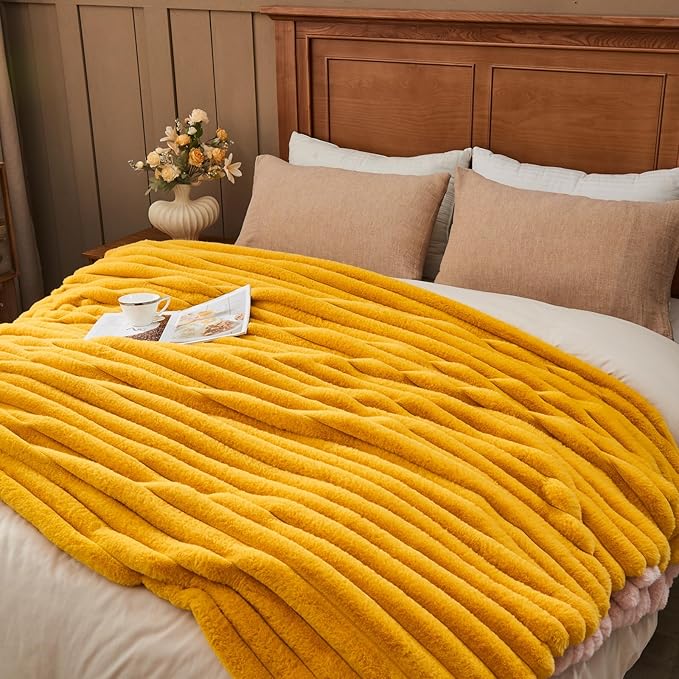 NEWCOSPLAY Faux Fur Throw Blanket Mustard Yellow 3D Ribbed Plush Thick Warm Blanket for Couch Sofa Bed 850GSM (Mustard Yellow Ribbed, Throw(50"x60"))