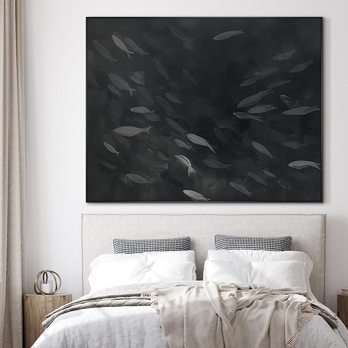 SIGNWIN 36"x46" Extra Large Framed Wall Art Monochrome Fish Silhouettes Illustration for Home Living Room Bedroom Decor (Frame Assembly Required)