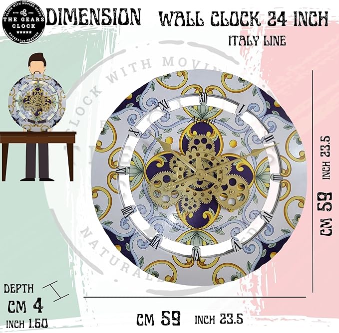 The Gears Clock Wall Clock Italy Collection with Moving Gears (Vietri, 24 inch Round)