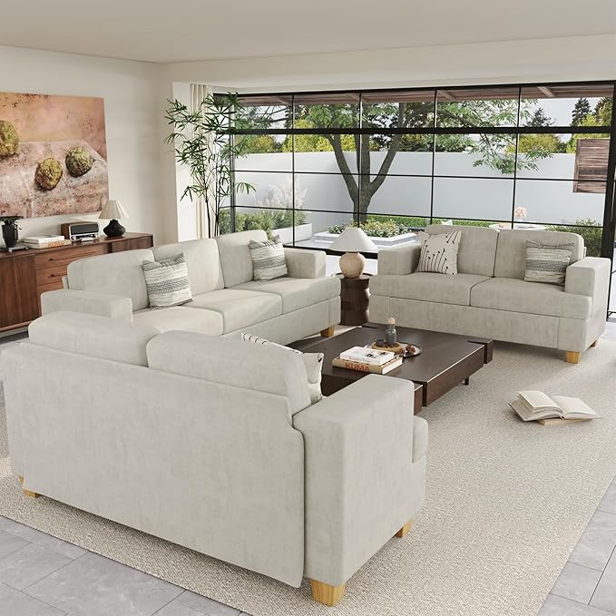 Sofa, 63” Comfy Loveseat Sofa Couch with Deep Seats, Couch for Living Room, Modern Sleeper Sofa, Beige Chenille