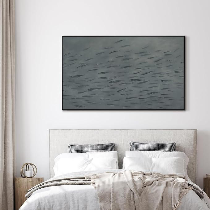 SIGNWIN 36"x60" Extra Large Framed Wall Art Gray School of Fish Minimalist Ocean-Inspired Marine Life Illustration for Home Living Room Bedroom Decor (Frame Assembly Required)