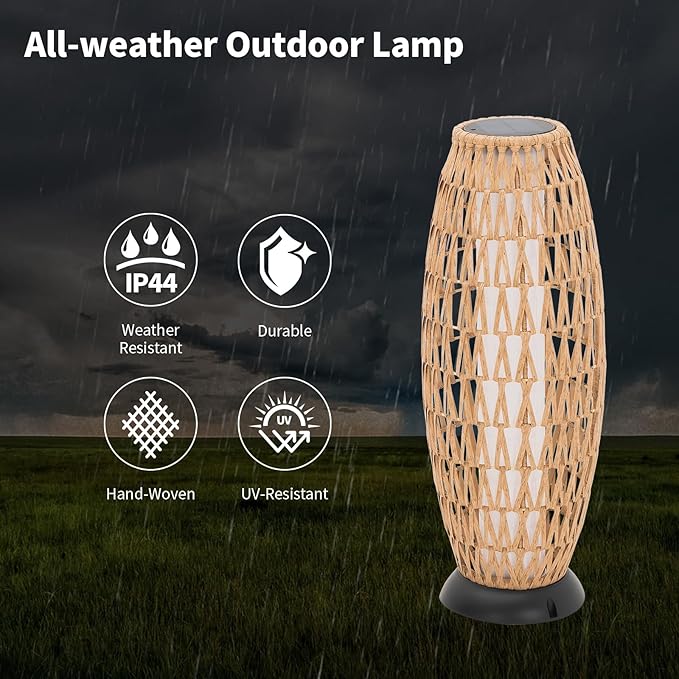 Large Patio Solar Powered Lantern for Garden Outdoor Decorative Floor Lamp Water-Resistant Wicker Lights for Deck Backyard