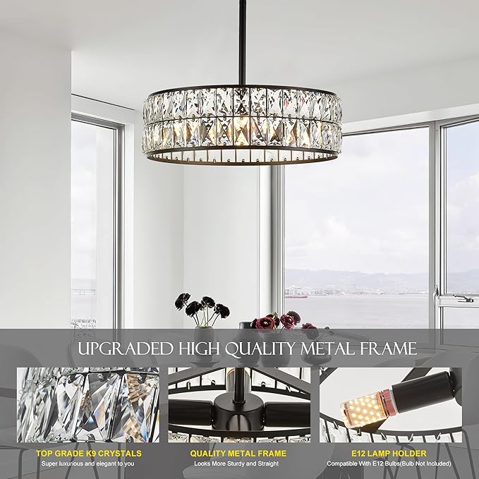 16” 4-Light Modern Crystal Chandeliers Black Dinning Room Light Fixture with Two Rods, Round Pendant Light Kitchen Island Chandelier, Flush Mount Ceiling Light for Living Room Entryway
