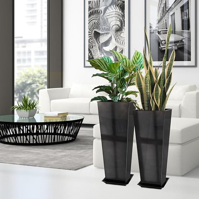 KOL 25'' & 28'' Tall Glazed Planter with Saucer, Set of 2, Galvanized Steel Planter Metal Pots for Indoor & Outdoor Use, Decorative Flower Plant Pots with Drainage Hole for Porch, Patio, Deck - Black
