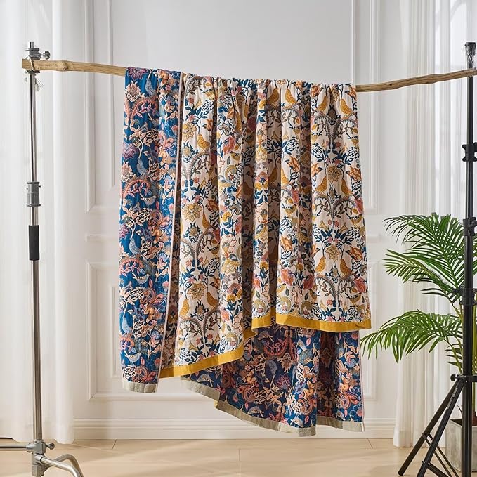 Boho Throw Blanket Reversible Cotton Bohemian Tapestry,100% Cotton Throw Blanket for Couch,Sofa,Chair,Lightweight Summer Quilt Soft 4-Layer Muslin Blanket for Farmhouse,Picnic Decor 50"x60"