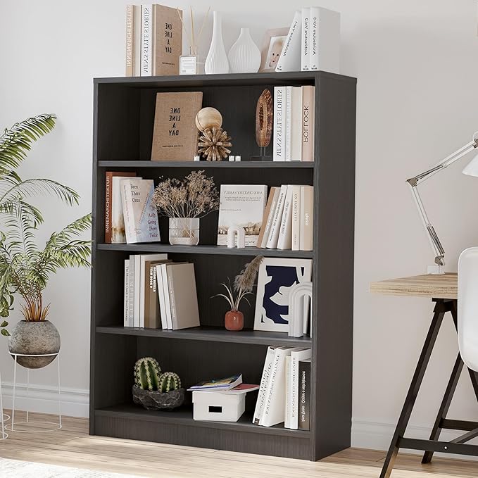 Bookshelf, Open Modern Bookshelf, 4 Shelf Bookcase with Freestanding Display Storage, Wooden Book Shelf for Bedroom, Living Room, Dinning Room, Office, 48 Inch, Gray