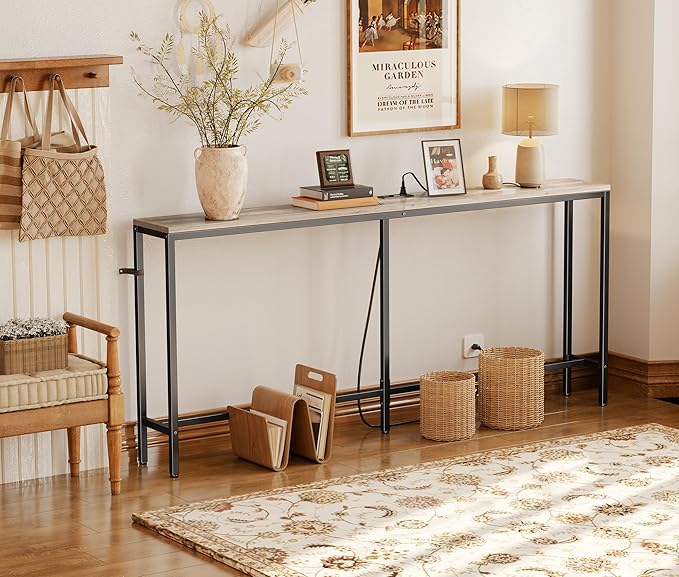 SUPERJARE 70 Inch Console Table with Outlet, Narrow Entryway Table for Living Room, Oak