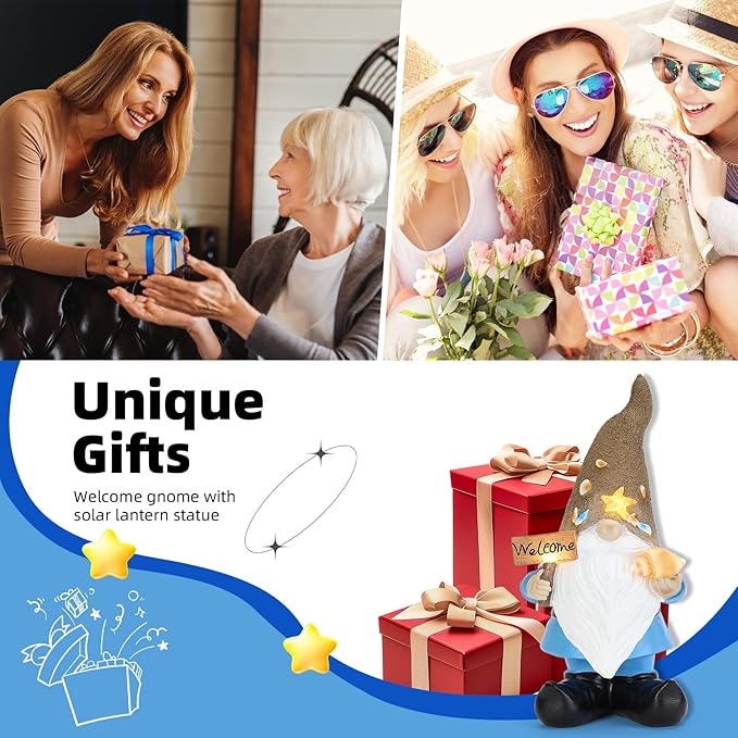 Solar Garden Gnomes Decor Outdoor Statue - Gnome Welcome Sign with LED Waterproof Sculptures Lights, Gnome Pond/Yard Statues Outside Decoration, Home, Lawn, Patio, Resin Ornament, Gardening Gift