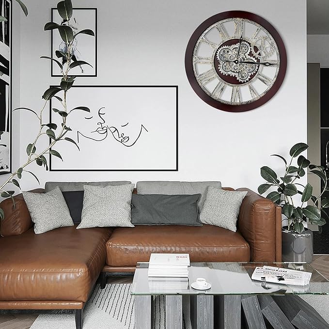 HOIBAI Wall Clock, Clocks for Living Room Decor 20 Inch Big Moving Gears Clock Farmhouse Vintage Rustic Wall Clock Vintage Roman Oversized for Home Bedroom House Kitchen Wall Decor