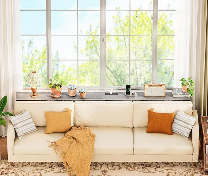 SUPERJARE 78.7 Inch Console Table with Outlet, Sofa Table with Charging Station, Narrow Hallway Entryway Table, Behind Couch Table, for Living Room, Charcoal Gray