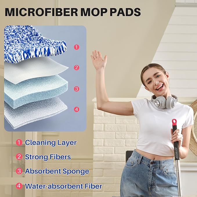 JOYMOOP Mop and Bucket with Wringer Set, Hands Free Flat Floor Mop and Bucket, with 4 Washable Microfiber Pads, Wet and Dry Use, Floor Cleaning System - Black+Red+Slate Blue