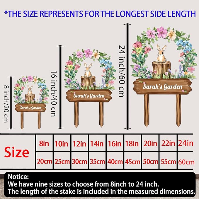 Personalized Rabbit Metal Sign with Stake,Custom Gardener Last Name Signs Outdoor Decor,Customized Flowers Gardening Birthday Gifts,Cute Animal Plaques for Patio Lawn Porch Backyard Farmhouse Outside