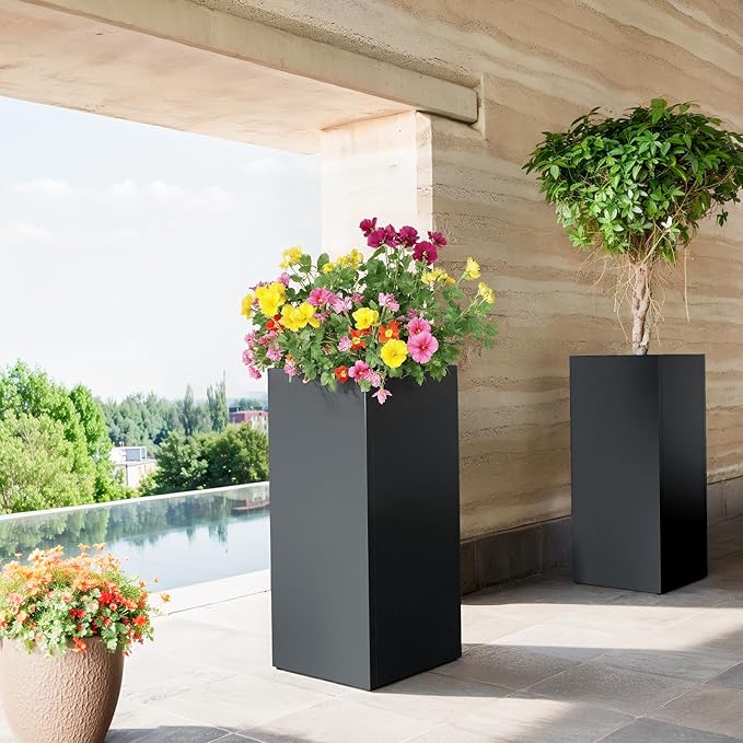 Stoog 30" Tall Planters for Outdoor Plants, All-Weather Metal Planter Boxes Set of 2, with Removable Insert Shelf, Modern Design, Indoor/Outdoor Use, Black