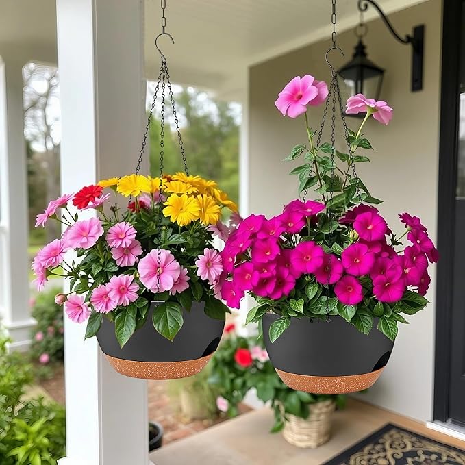 2 Pack Hanging Planters for Indoor Outdoor Plants, 12 Inch Self Watering Hanging Pot with Drainage Holes and Saucer, Plastic Plant Pots, Black Brown Flower Pots for Kitchen, Balcony, Garden