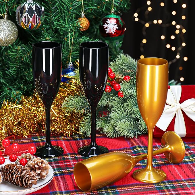 XUWAIDSGN Acrylic Champagne Flutes Toasting Glasses Unbreakable Mimosa Bar Reusable Wine Glasses Vintage Champagne Flutes Stemmed Drinking Cups 5.4 OZ for Christmas Birthday (100, Black)