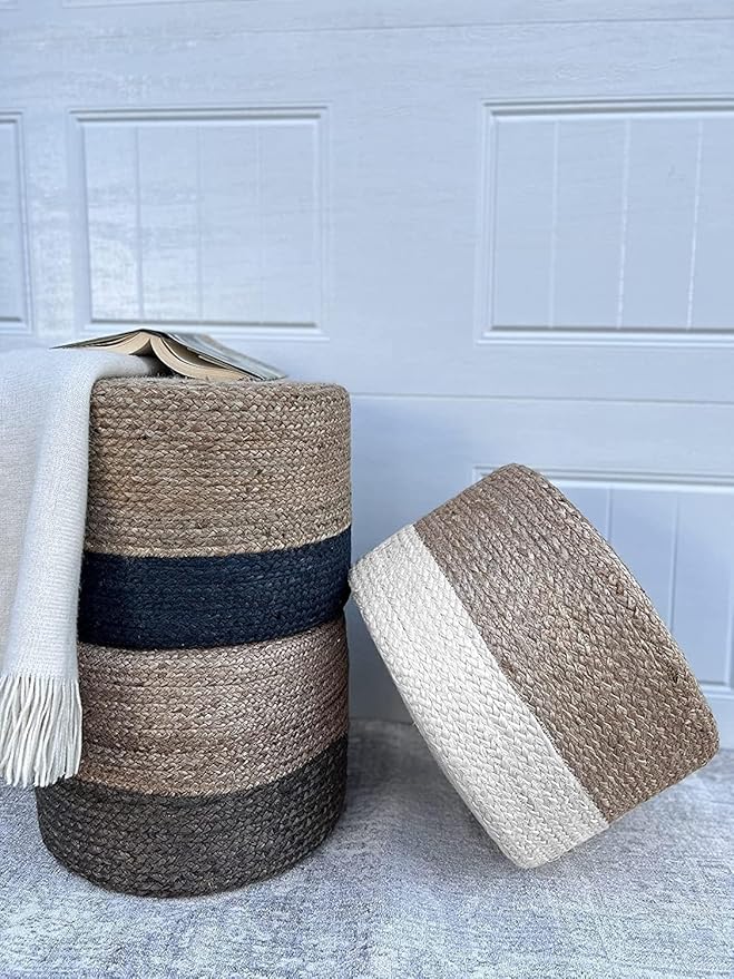 Jute Pouf Ottoman | Footrest Pouf | Hand Braided - Round Boho Pouffe - for Living Room, Bedroom, Nursery (18"x18"x12") Navy