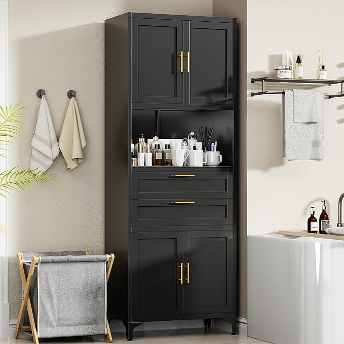 75” Tall Kitchen Pantry Storage Cabinet, Metal Storage Cabinet with 2 Drawers and Adjustable Shelves, Kitchen Pantry Cupboard, Freestanding Cupboard for Bathroom, Living Room(Black)