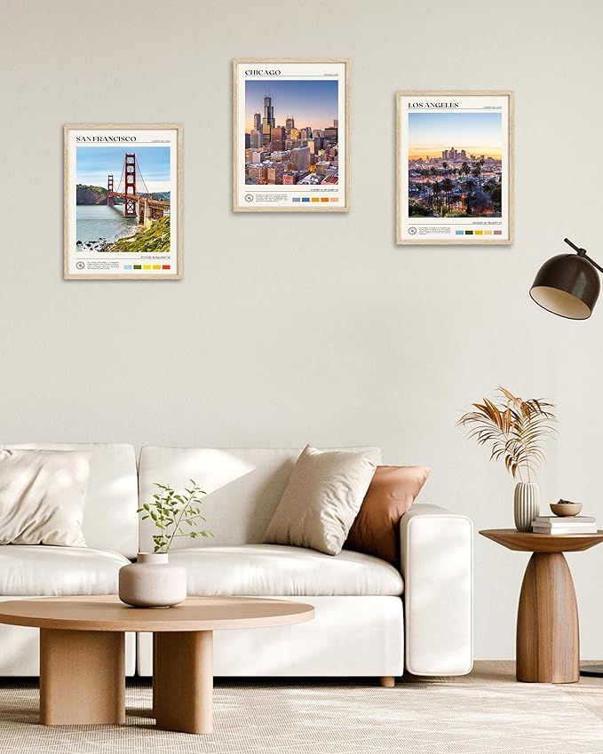 HesenDot Natural OAK Wood Los Angeles Cityscape Framed Wall Art,12x16in City Skyline Canvas Wall Print,Modern Urban Landmark Wall Decor for Living Room,Bedroom,Office Gallery Gifts Set of 1