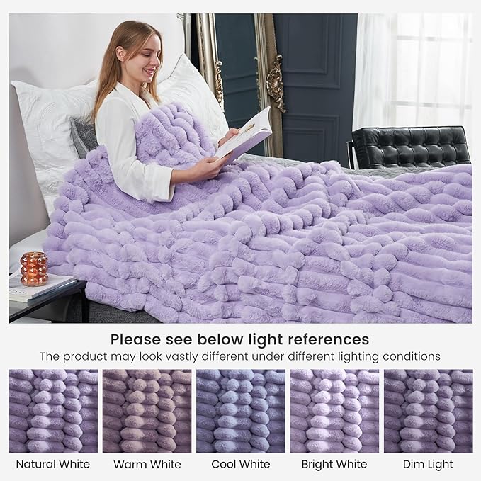 Cozy Bliss Faux Fur Throw Blanket for Couch, Cozy Warm Plush Striped Blanket for Sofa Bedroom Living Room, 60 * 80 Inches Lavender Purple