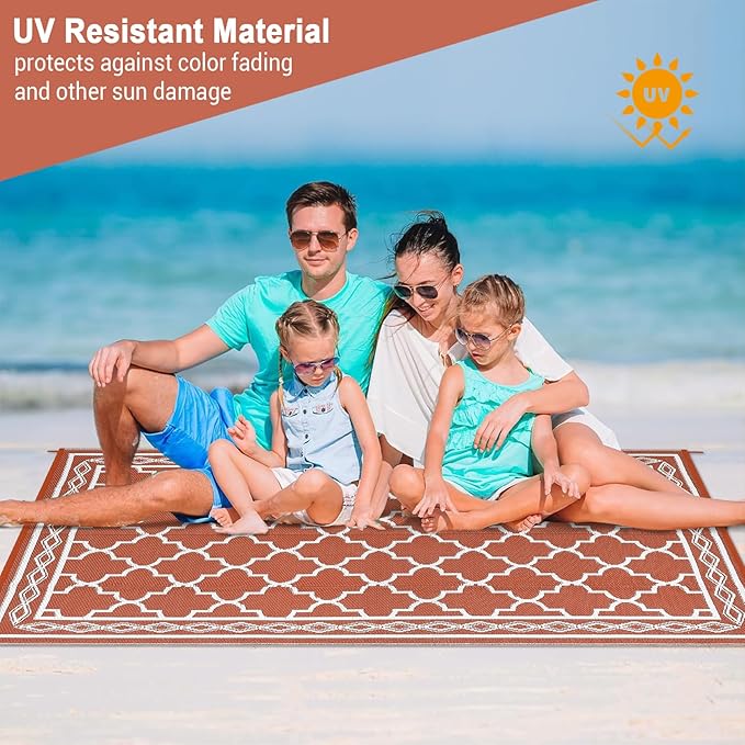 GAOMON Outdoor Rug Waterproof 8'x10', Reversible Outdoor Plastic Straw Rug, Boho Patio Rug, Indoor Outdoor Carpet, RV Mat Outside for Patio, Camp, Picnic, Balcony, Deck, Orange/White(Geometric)