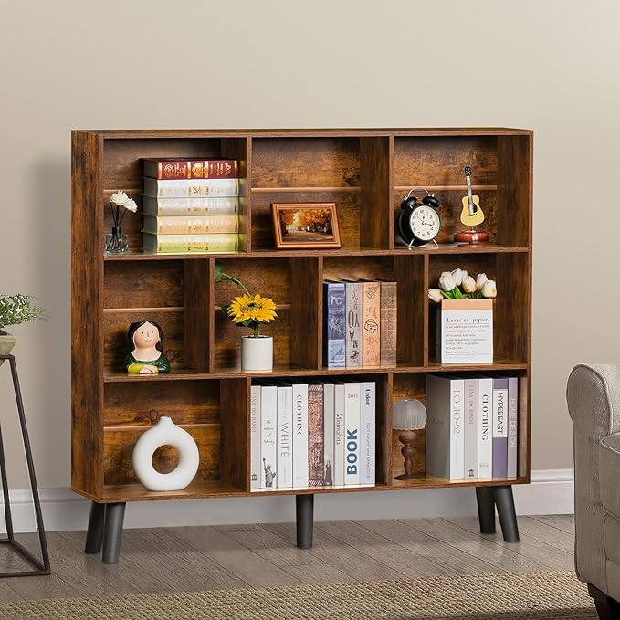 LEYAOYAO 10 Cube Bookshelf - 3 Tier Modern Wide Bookcase
