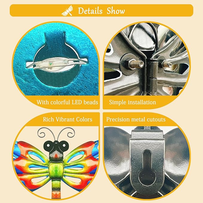 Solar Dragonfly Wall Art, 12-Inch Metal Garden Decor, Color Changing LED Lights, Multicolor