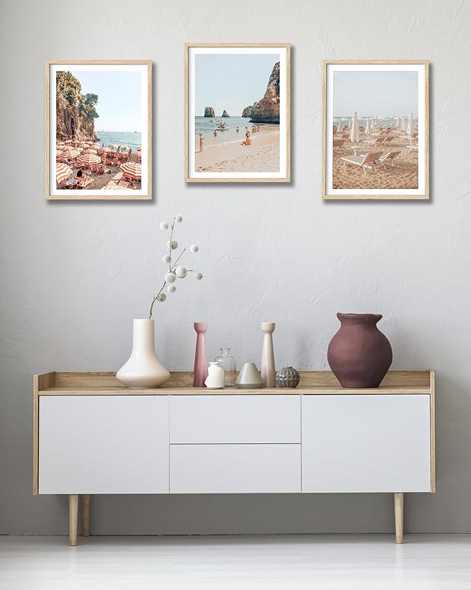 HesenDot Natural OAK Wood Framed Summer in Positano Wall Art,12x16in Italy Amalfi Coastal Canvas Wall Print,Arienzo Beach Umbrellas Poster Wall Decor for Living Room,Bedroom,Office Gallery Set of 1