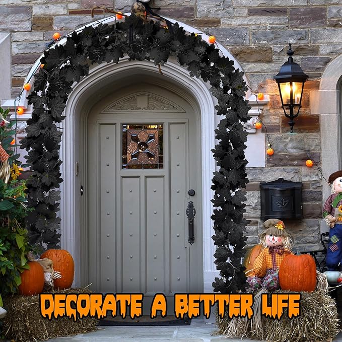 Joyhalo 2 Pack Halloween Garland, 5.7FT Black Leaf Garland for Mantle, Artificial Hanging Black Maple Leaves Vines, Spooky Halloween Outdoor Floral, Haunted Mansion, Fireplace, Fall Decor