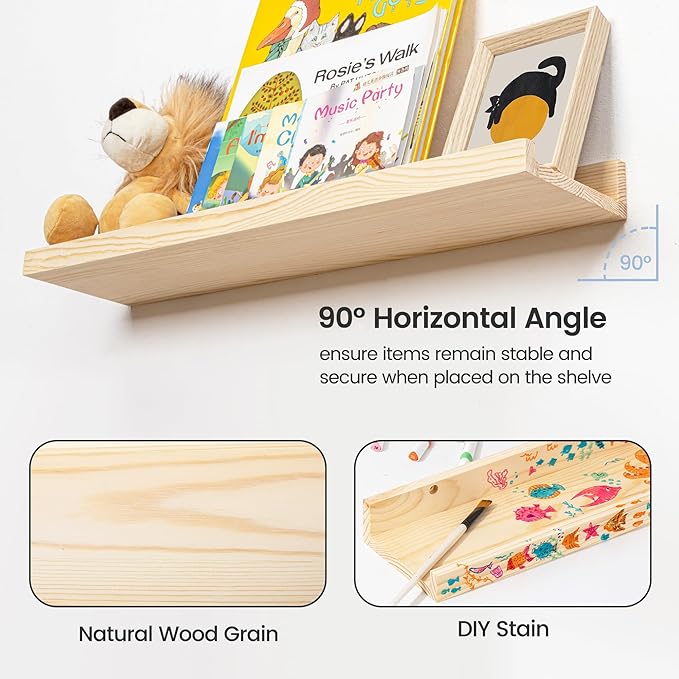 Picture Ledge Shelf for Wall, 24 inch Solid Pine Wood Nursery Book Shelves 2 Packs, Floating Ledge Shelves for Kids' Room Bedroom Bathroom Living Room Photo Frames Office Nursey Wall Decor, Natural