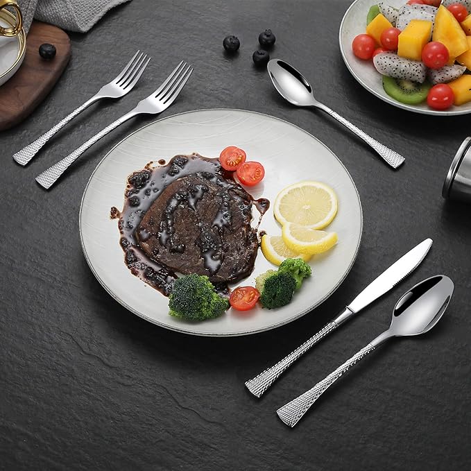 Hammered Silverware Set,20 Piece Modern Flatware Set Service for 4,Mirror Polished Stainless Steel Cutlery Set Utensil Set Tableware Set,Kitchen Knives Forks Spoons Set,Dishwasher Safe