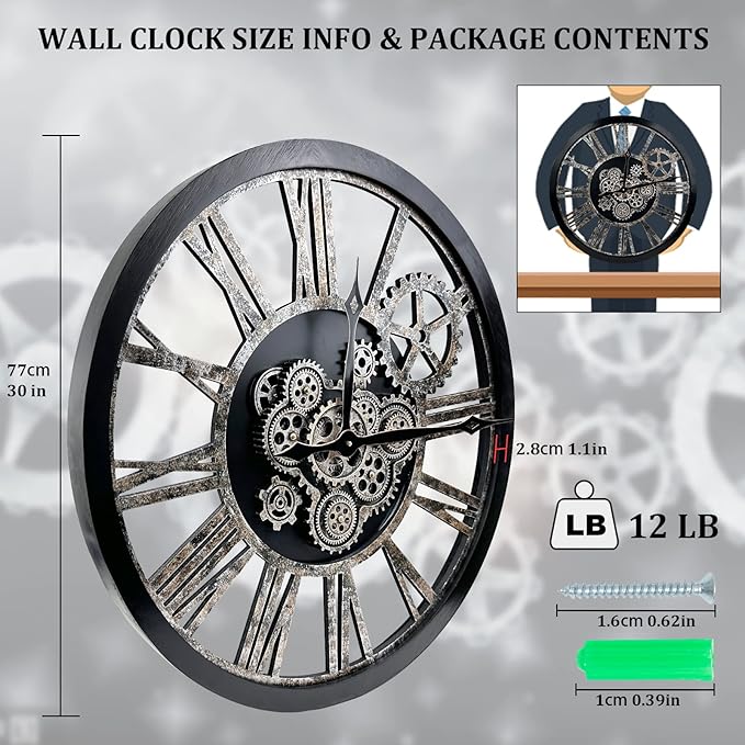 Large Wall Clock, Clocks for Living Room Decor Oversized 30 Inch Wall Decor Farmhouse Vintage Rustic Industrial Roman Big Chic Home Decor Wall Clock for House Bedroom Office, Moving Gears Clock