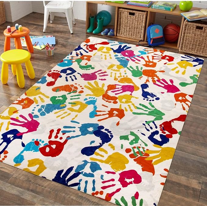 STARUIA Large Colorful Kids Rug 6x9 Ft, Non-Slip Washable Rugs for Classroom, Handprints and Footprints Rugs for Playroom, Soft Nursery Rug Indoor Play Mat for Kids Room Daycare School