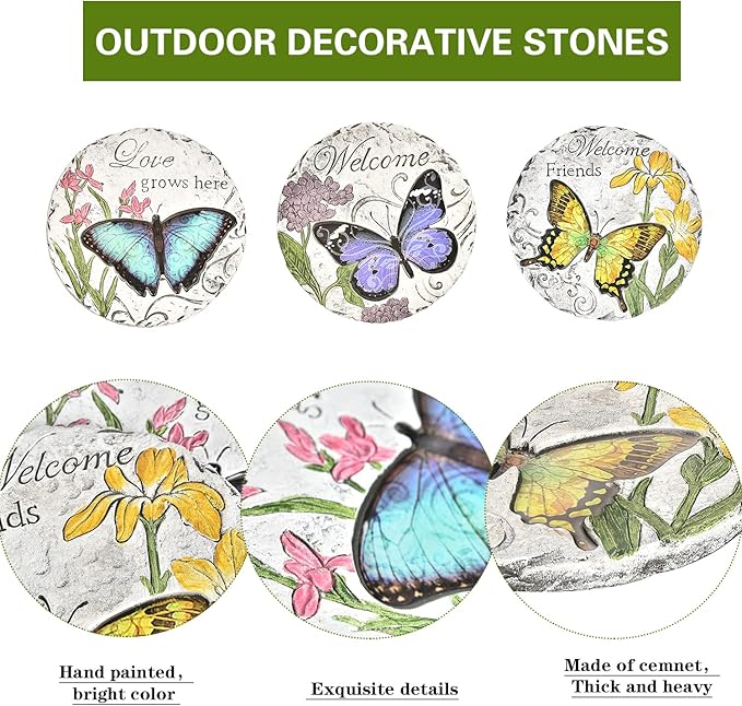 Sungmor 3PC Pretty Garden Stepping Stones, 9.8" Large Concrete Decorative Stones with Beautiful Pattern, Unique Outdoor Lawn Accents, Yard Walkway Flower Bed Wall Shelf Welcome Friends Decorations