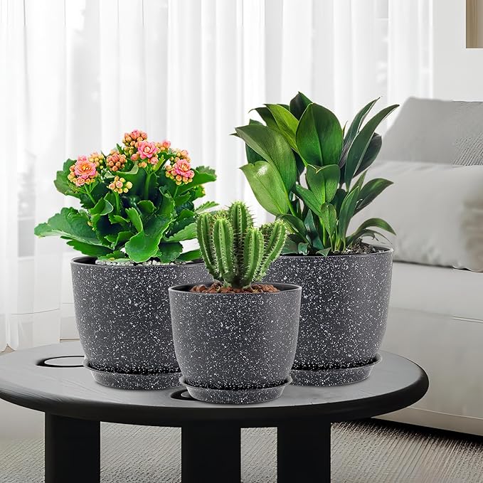 Large Flower Pots 12/10/9 inch, Set of 3 Modern Decorative Plastic Planters with Drainage Holes and Saucers for Garden House Plants, Plant Pots for Indoor Outdoor Plants, Speckled White