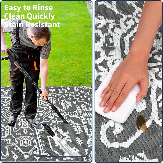 Outdoor Rug 8x10 Waterproof Reversible Plastic Straw Mat, UV-Resistant Vintage Medallion Camping Carpet for Patio, Deck, Balcony, Picnic, Large Outside Floor Mat, Grey White