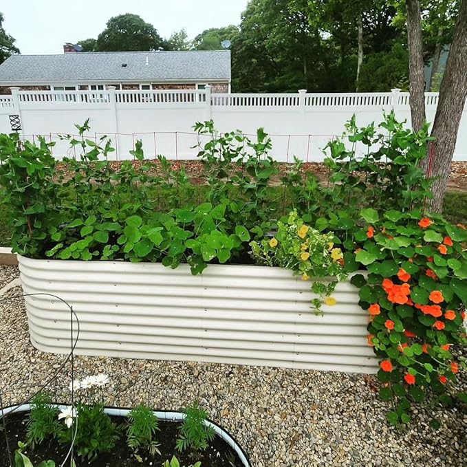 Vego Garden 32" Extra Tall Oval Metal Raised Garden Bed Kit - 9 in 1 Modular Planter Box for Vegetables, Flowers, Fruits - Pearl White