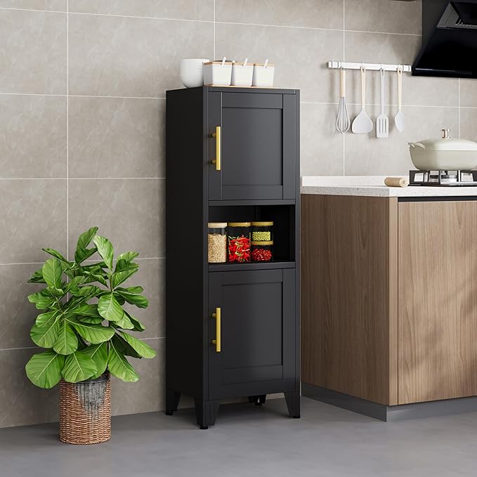 47.24" H Metal Narrow Bathroom Storage Cabinet Pantry Storage Cabinet, 2 Adjustable Shelves for Kitchen, Home Office, Living Room, Dinning Room (Black)