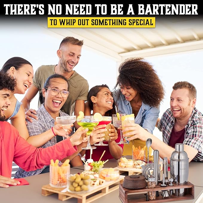 Bartender Kit with Whiskey Smoker - 13 pcs, Pine Stand - Bar Set with Cocktail Shaker, Bartending Kit with Essential Bar Accessory Tools, Wood Chips, Steel