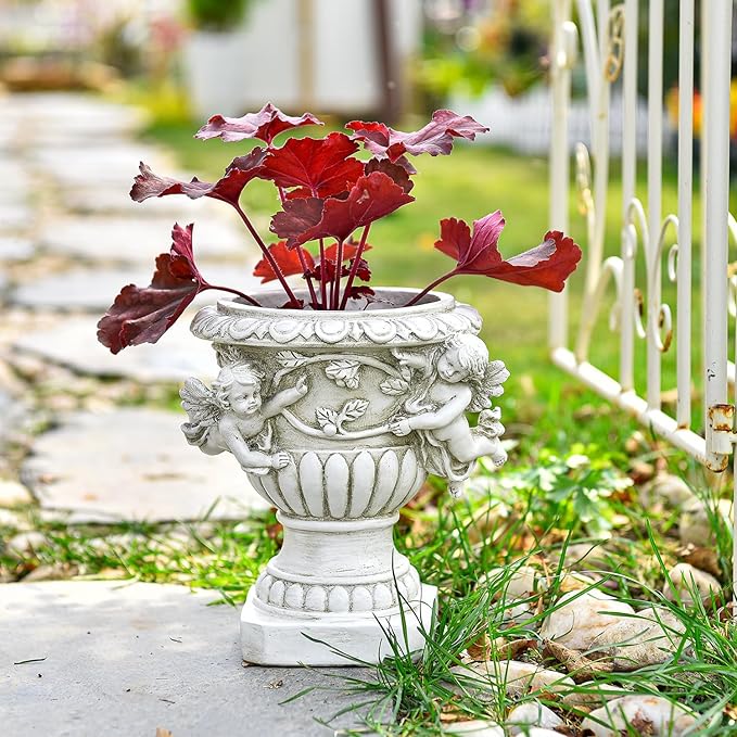 Sungmor Garden Cherub Urn Planter, Lovely Resin Angel Statue Flower Pots, Vintage European Style Planter, Rustic White Whimsy Fairy Decorative Plant Pot, Beautiful Pot for Indoor Outdoor Flowers
