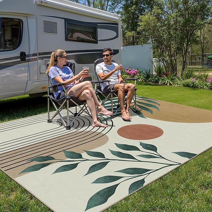 Indoor Outdoor Area Rug, Mid Century Sun Outdoor Patio Rug,Washable Abstract Art Leaves Eucalyptus Runway Rugs Non-Slip Carpet for Camping, Bedroom, Deck(8x10)