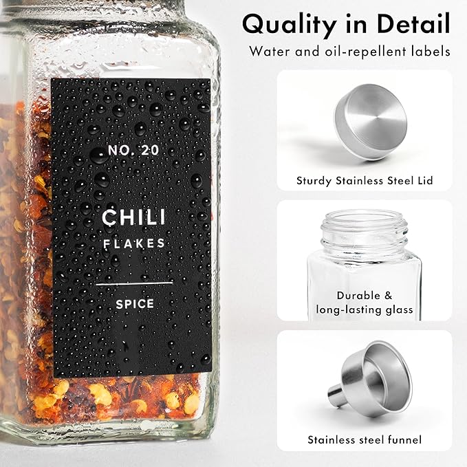 Glass Spice Jars with Labels and Steel Lids (24 x 4oz) Spice Containers with 240 Label, Steel Funnel, Shaker Inserts, Empty Square Seasoning Organizer for Spice Rack, Cabinet, Drawer