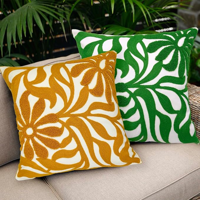 Alysheer Farmhouse Floral Leaves Embroidered Decorative Throw Pillow Cover 18x18 inches, Boho Tufted Flowers Embroidery Pattern Chic Cotton Cushion Case for Couch Bed Sofa Living Room(Mustard Yellow)