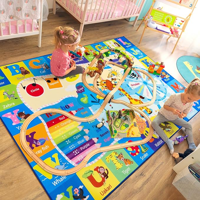 Kids Rugs for Playroom Bedroom Classroom Nursery, Non-Slip and Washable Rugs for Children Toddlers Girls, Educational and Fun Rug Carpets with ABC Alphabet Animals Shapes, 7x10, Blue