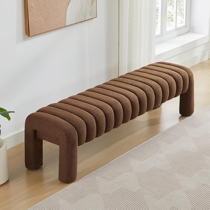 63" Bedroom Bench, Upholstered Entryway Bench, Modern End of Bed Ottoman with Solid Wood Legs and Adjustable Foot Pegs for Entryway, Dining Room and Living Room (Brown Boucle)